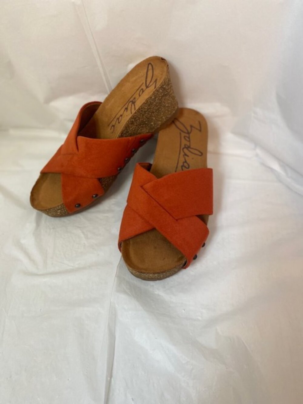 Zodiac Mila Burnt Orange Faux Suede Criss Cross Cork Wedge Sandals Size 5.5M